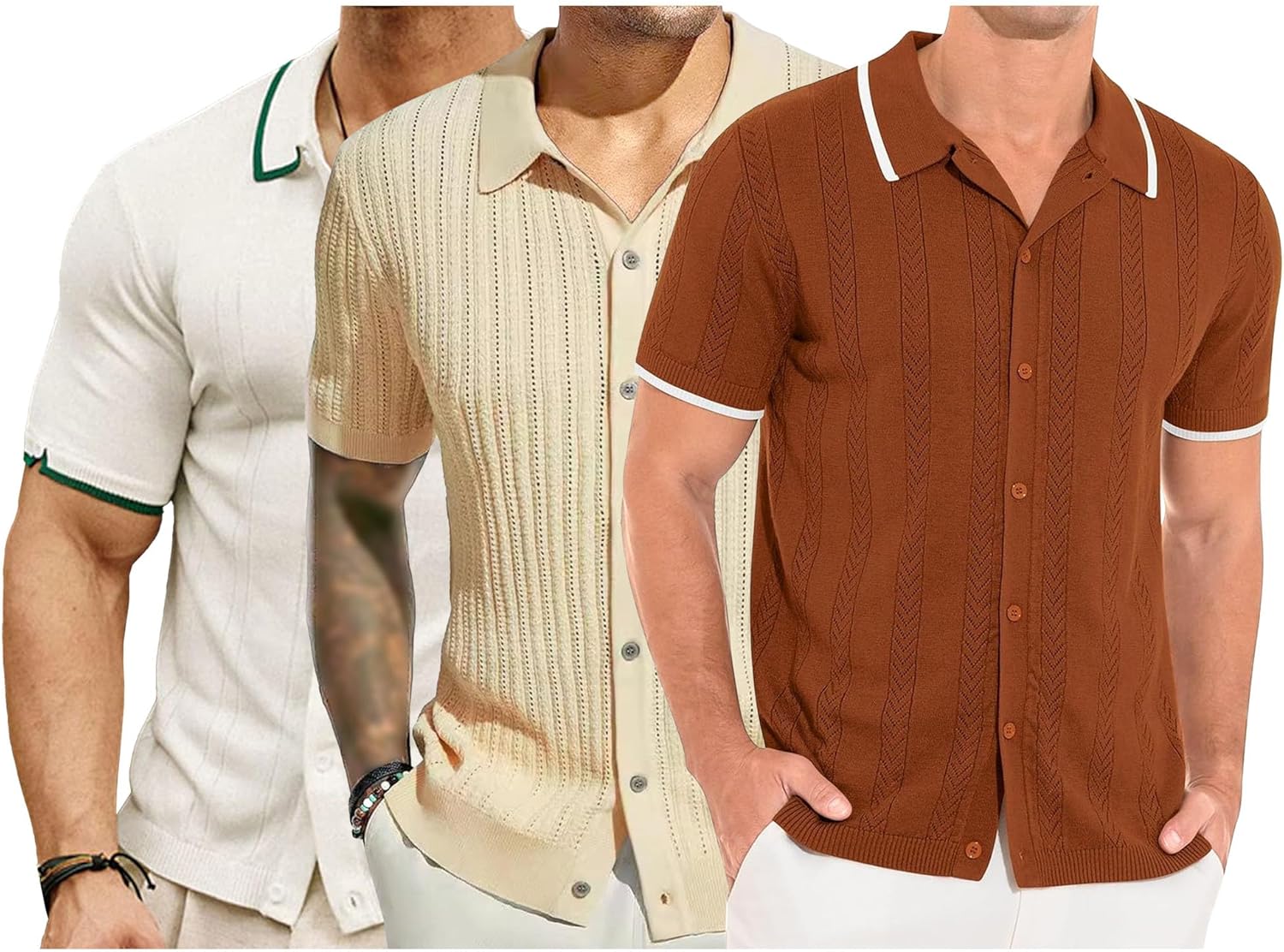 3 Pack Polo Shirt for Men Vintage Short Sleeve Cardigan